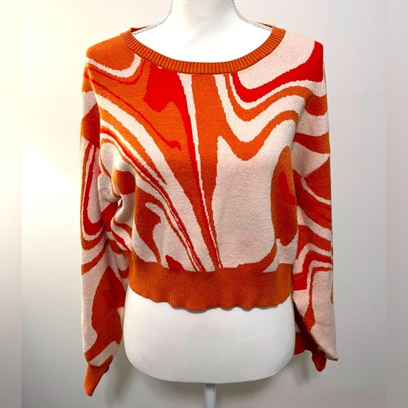 Altar’d State Retro Orange Abstract Print Cropped Sweater. Full Sleeves. Sz L - Picture 1 of 7